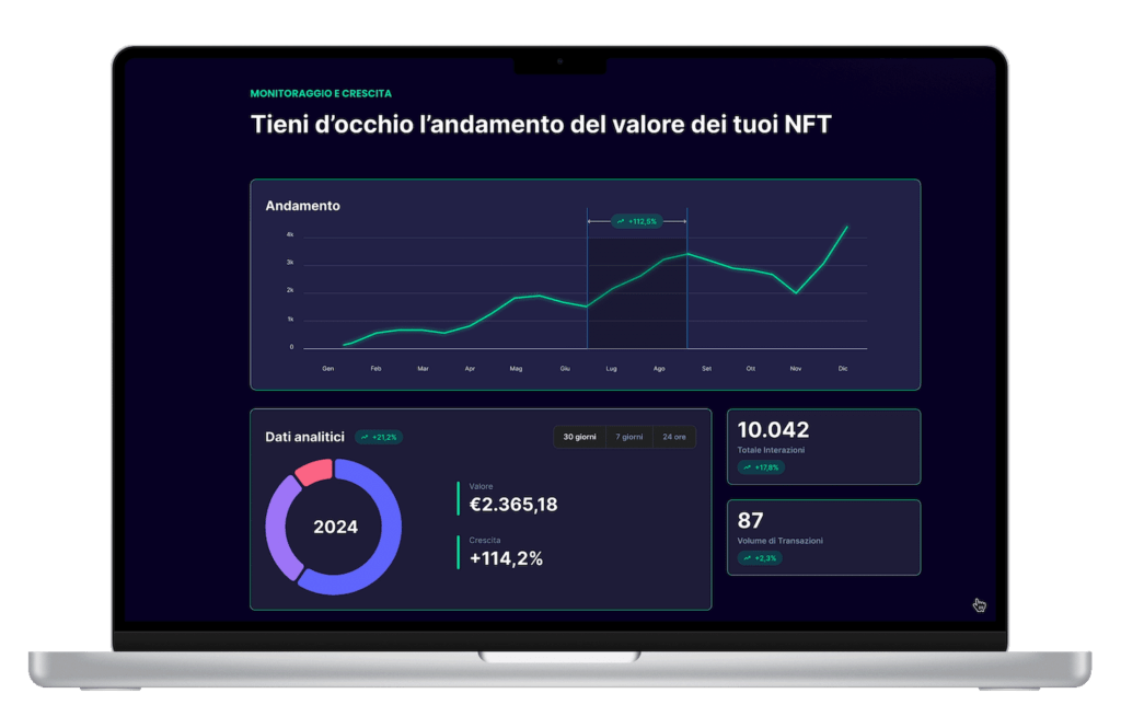 Sezione statistiche del sito web NFT, con dati e grafici progettati per un'esperienza UX/UI intuitiva.