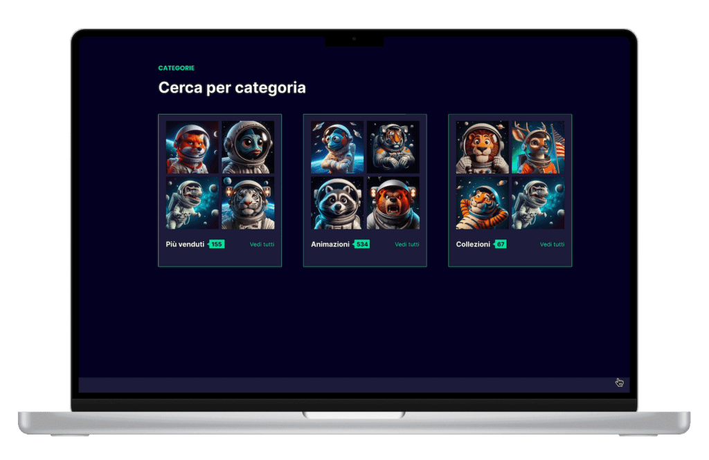 Pagina esplorazione NFT con design UX/UI intuitivo per la piattaforma NFT